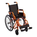 Young female smiling while sitting in a colorful youngsters wheelchair outdoors.